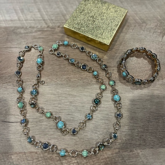 Gold Chain Necklace and Bracelet Set with Blue and Green Gems - Picture 1 of 10